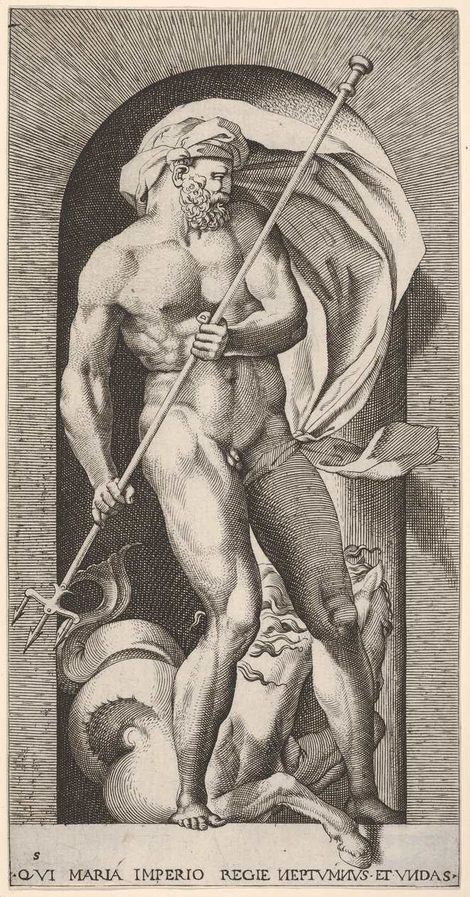 Neptunus staand in een nis met een drietand, met een hippocampus zeepaard door Giovanni Jacopo Caraglio