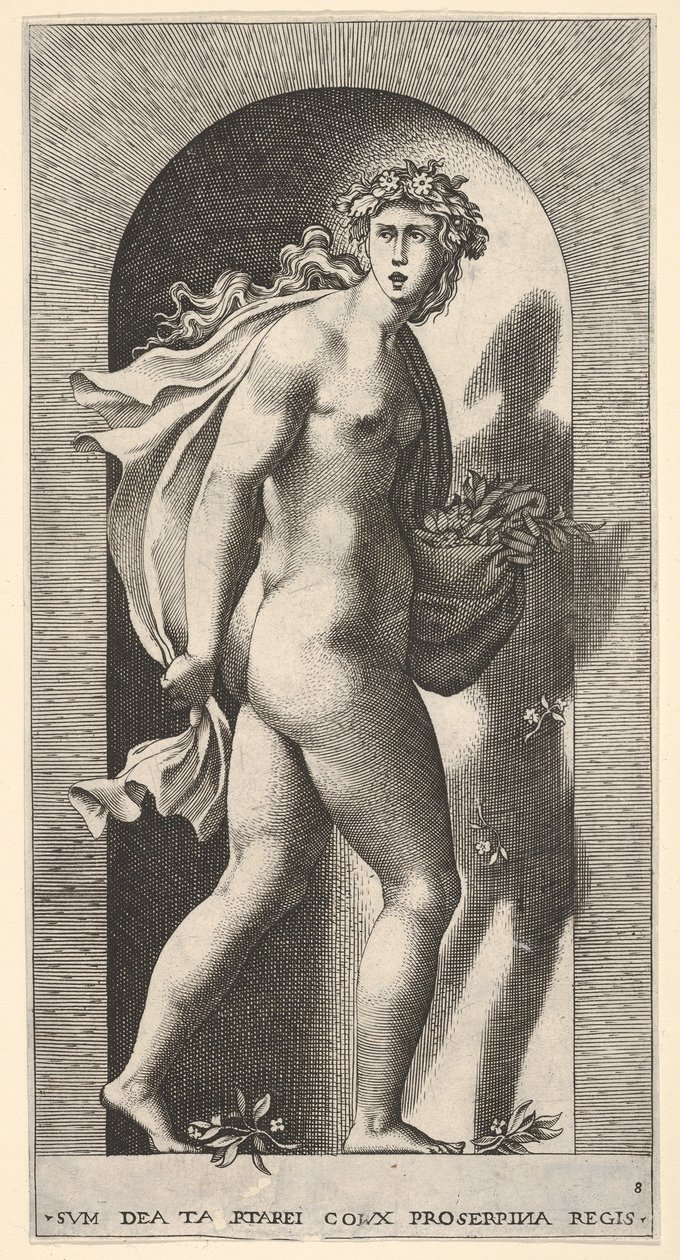Proserpina, staand in een nis, naar rechts draaiend terwijl ze een mantel vasthoudt door Giovanni Jacopo Caraglio