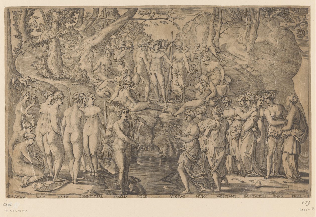 Wedstrijd tussen de Muzen en de Pierides door Giovanni Jacopo Caraglio