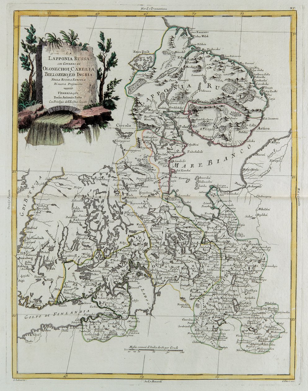 Russisch Lapland met de gouvernementen Olonecholi, Carelia, Bielozero en Ingria in Europees Rusland, uit Tome III van de "Nieuwe Atlas", gegraveerd door G. Zuliani door Giovanni Marco Pitteri