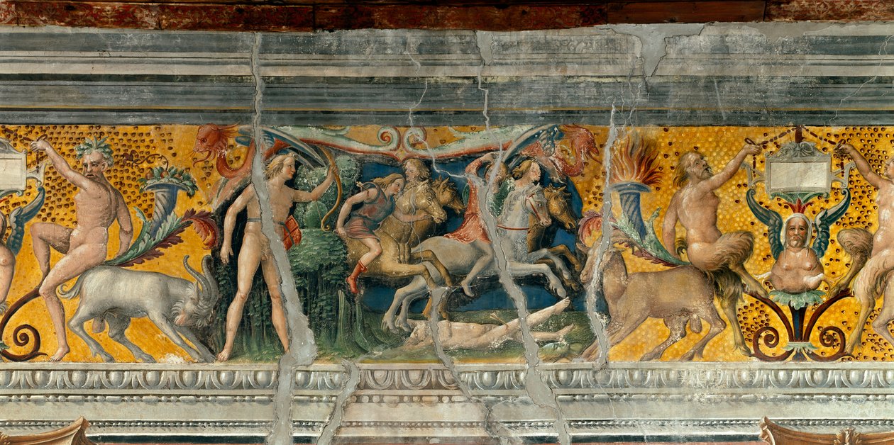 Apollo doodt met pijlen de Niobiden, zoon van Niobe (detail) door Giovanni Maria Falconetto