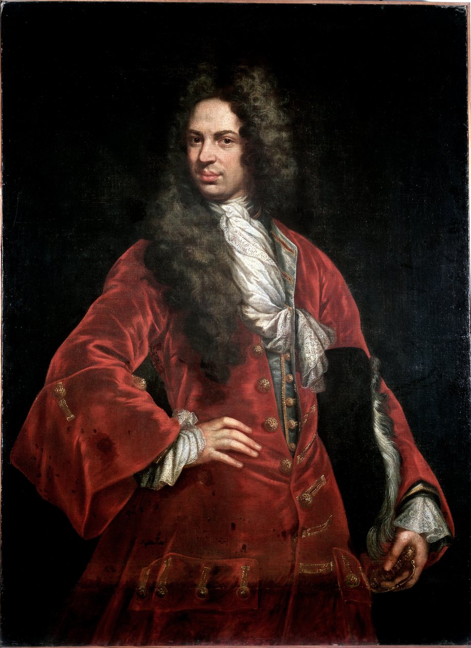 Portret van een heer in rood kostuum door Giovanni Maria delle called Mulinaretto Piane