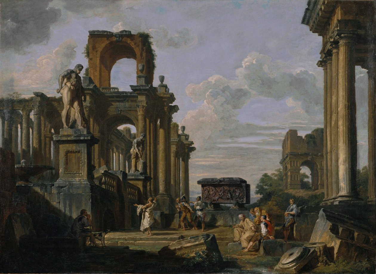 Capriccio van oude architectuur en beeldhouwkunst. door Giovanni Paolo Panini