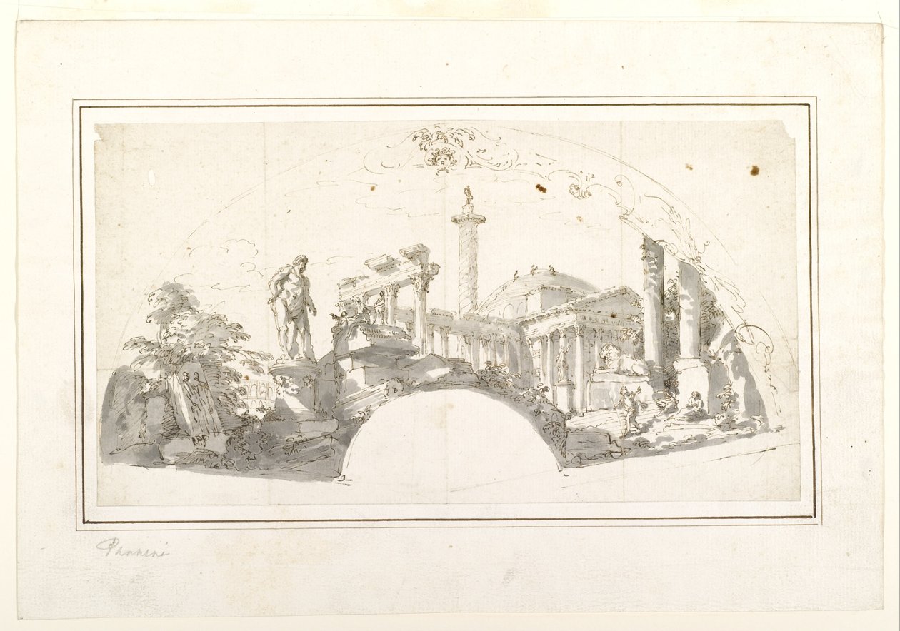 Ontwerp voor een waaier: Capriccio met Romeinse ruïnes en de Farnese Hercules door Giovanni Paolo Panini
