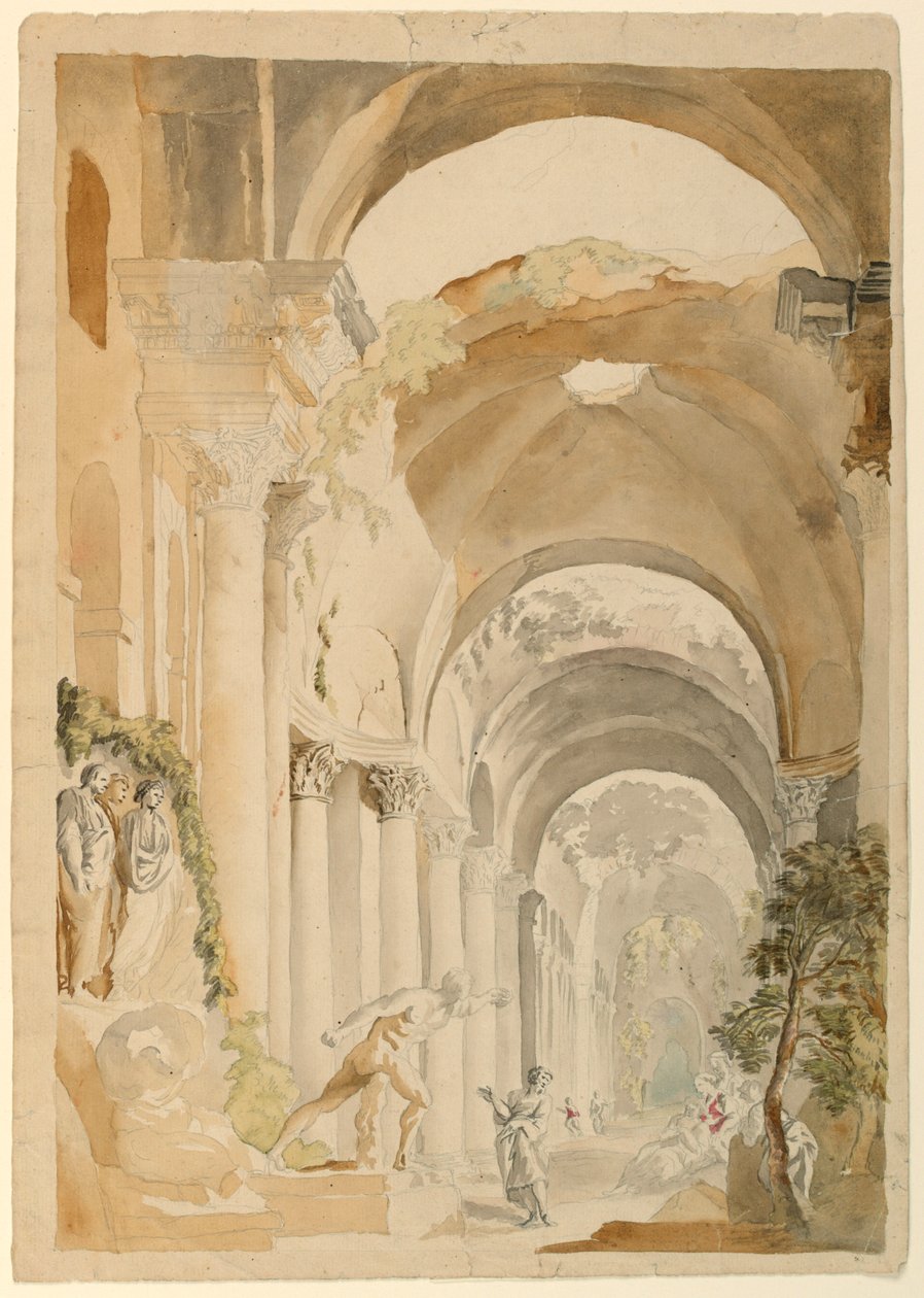 Tekening, Romeinse ruïnes met figuren, ca. 1745 door Giovanni Paolo Panini