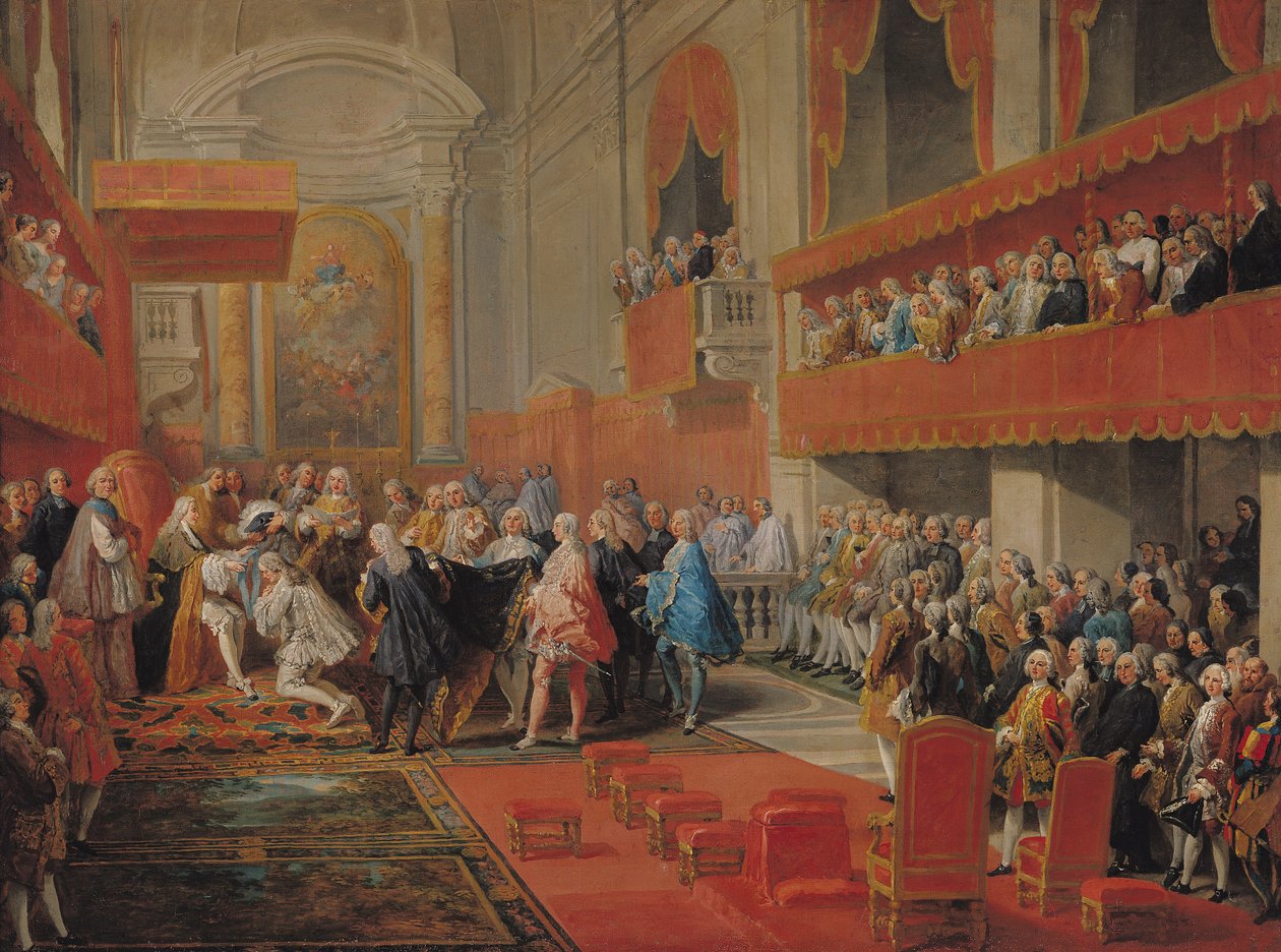 Overhandiging van de Orde van de Heilige Geest aan Prins Vaini door Paul-Hippolyte de Beauvillers (1684-1776) Hertog van Saint-Aignan in 1732, c.1752 door Giovanni Paolo Pannini