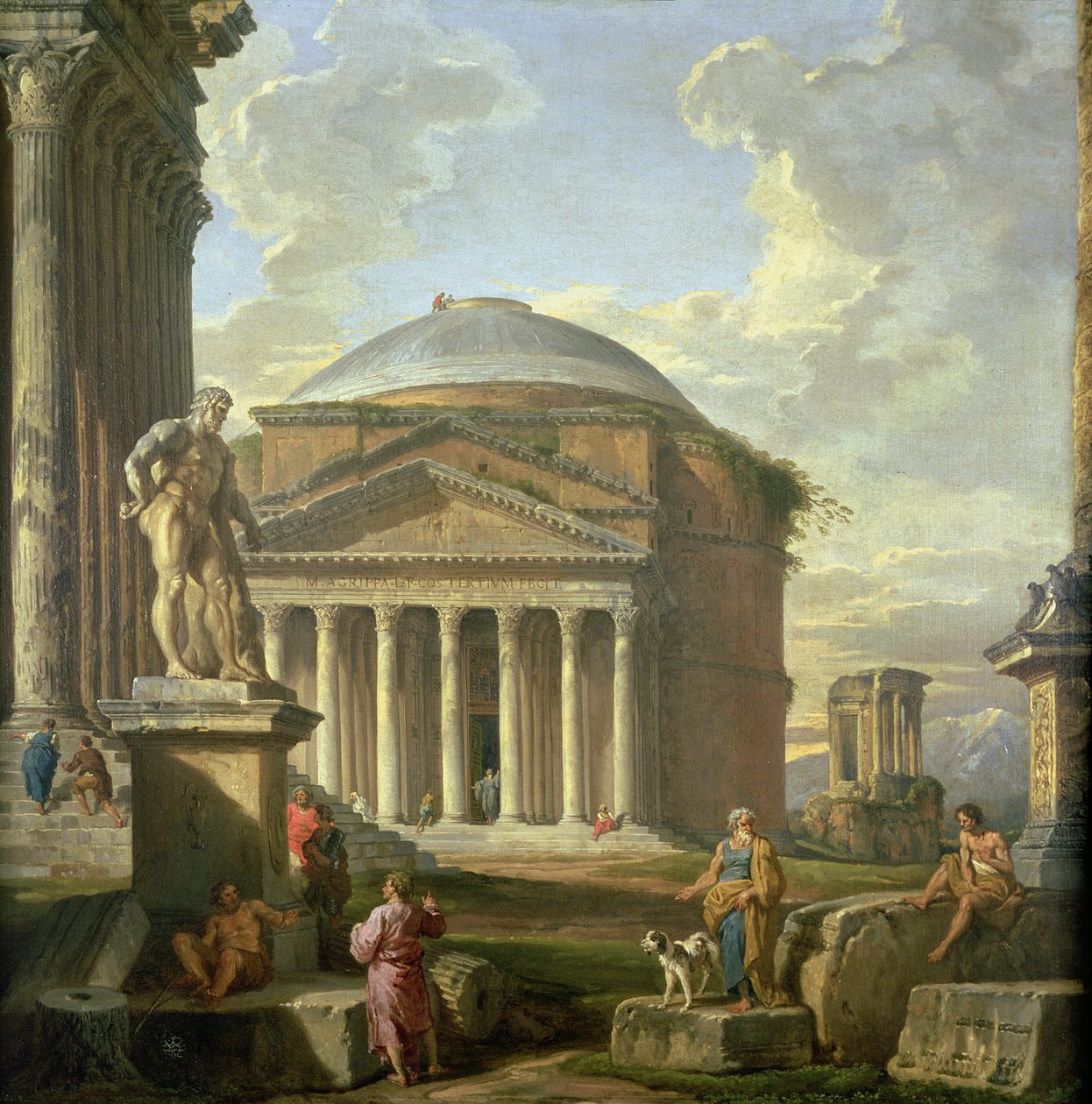 Uitzicht op het Pantheon, de Farnese Hercules en andere Romeinse Ruïnes door Giovanni Paolo Pannini