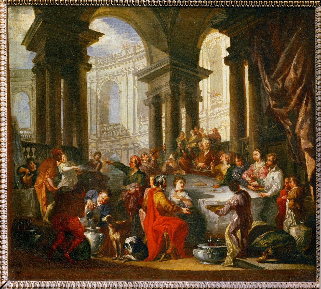 Feest gegeven onder een Ionische zuilengalerij ... door Giovanni Paolo Pannini or Panini