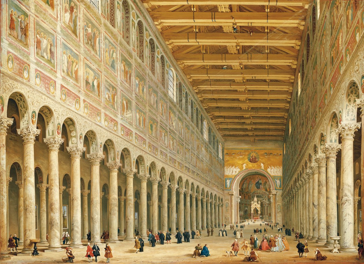 Interieur van San Paolo Fuori le Mura, kijkend naar het altaar door Giovanni Paolo Pannini