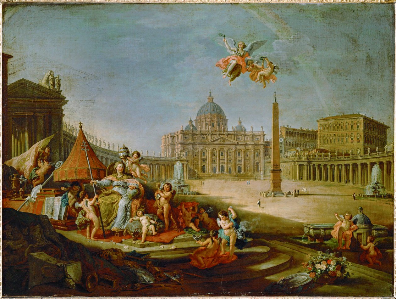 Het Sint-Pietersplein met de allegorie van de triomf van het pausdom ... door Giovanni Paolo Pannini or Panini