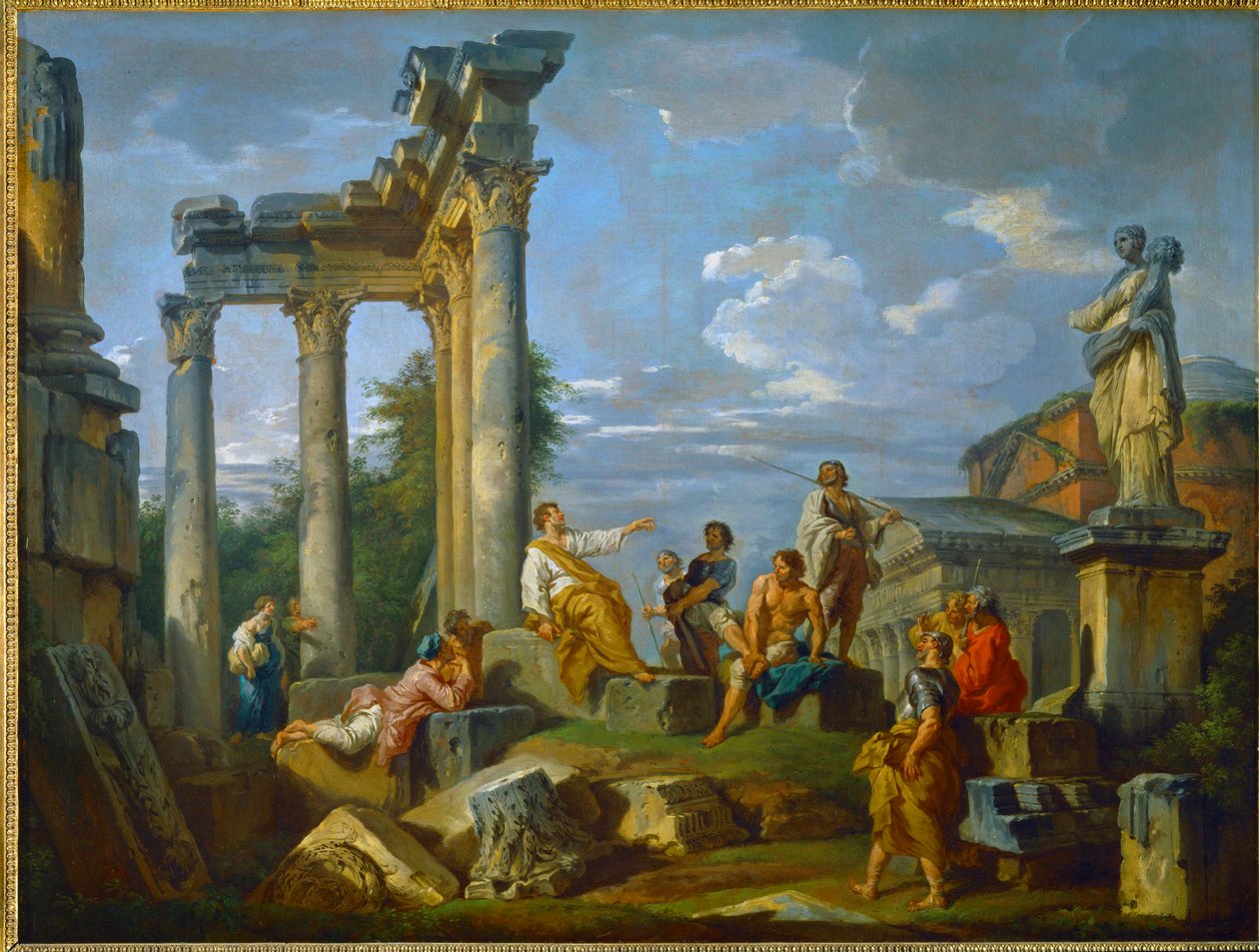 Roofdier te midden van ruïnes in Rome verrijkt met figuren, met het Pantheon en het standbeeld van Flora ... (schilderij op doek) door Giovanni Paolo Pannini or Panini