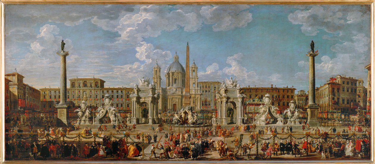 Voorbereidingen voor het vuurwerk en de versieringen voor de festiviteiten op het Piazza Navona in Rome op 30 november ... door Giovanni Paolo Pannini or Panini