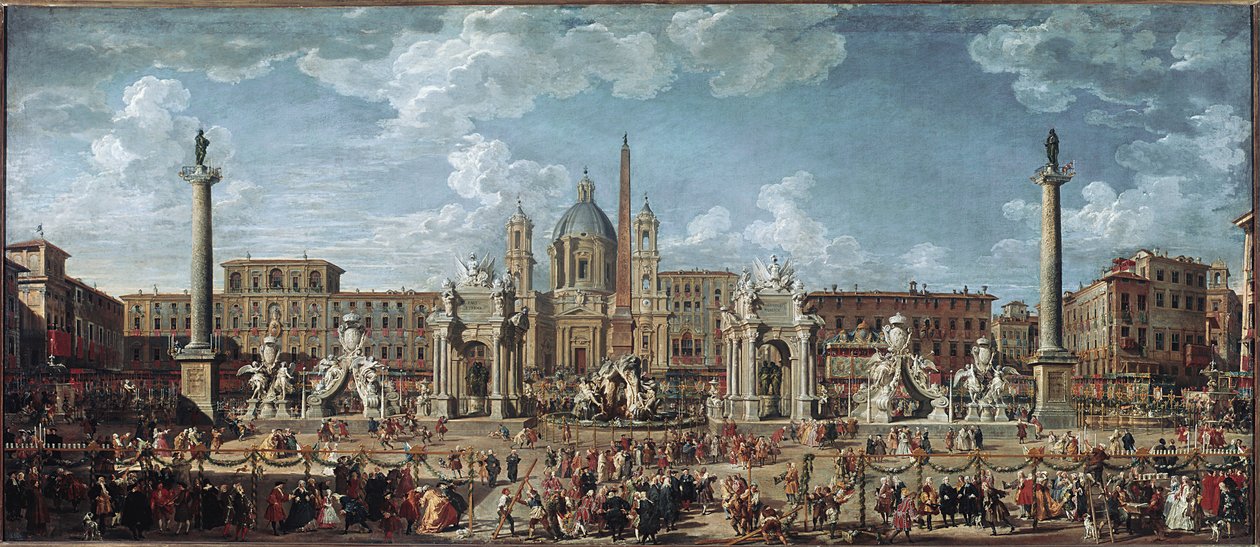 Voorbereidingen voor het vuurwerk en de versieringen van het feest in Rome ter viering van de geboorte van de dauphin van Frankrijk door Giovanni Paolo Pannini