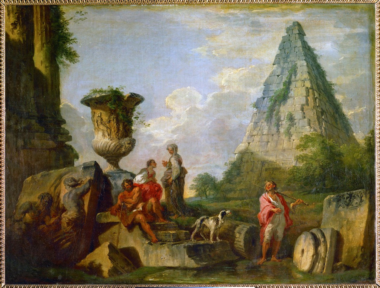 Oude ruïnes met de piramide van Gaius Cestius ... door Giovanni Paolo Pannini or Panini