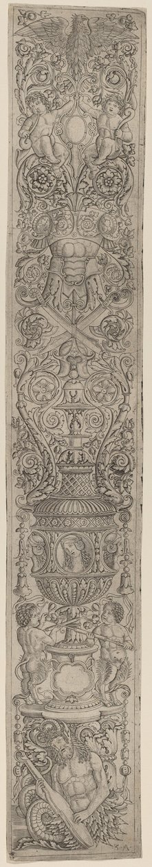 Ornamentpaneel: Triton en twee jonge saters door Giovanni Pietro Birago and Zoan Andrea