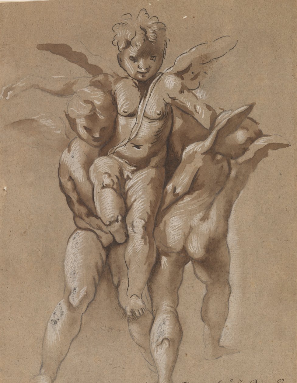 Twee Putti die een Derde Putti Dragen (recto); Een Jongeling met een Staf (verso) door Giovanni Pietro Possenti