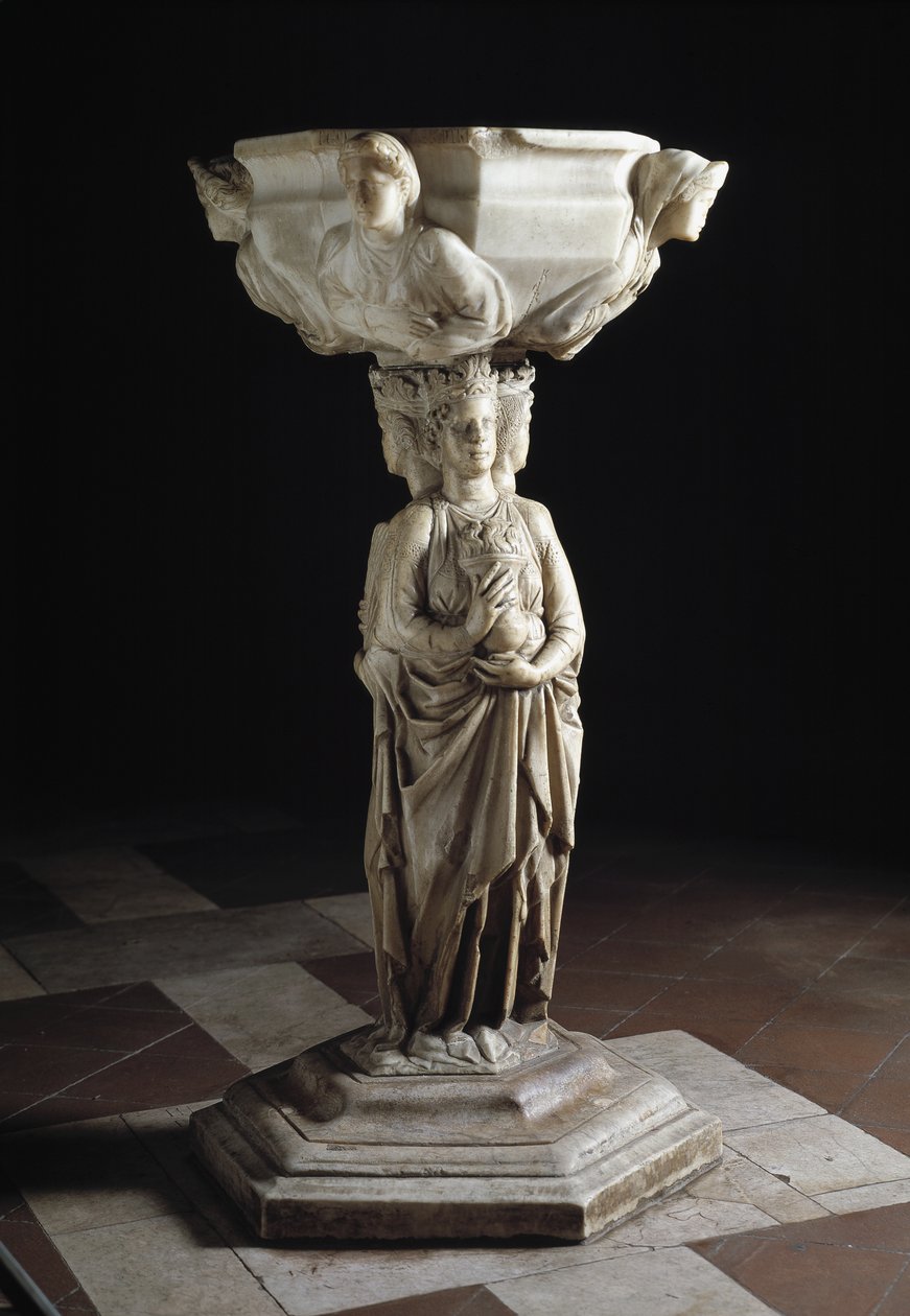 Wijwaterbak aan de pilaar versierd met de drie theologische deugden en de kuip versierd met de bustes van de vier kardinale deugden door Giovanni Pisano