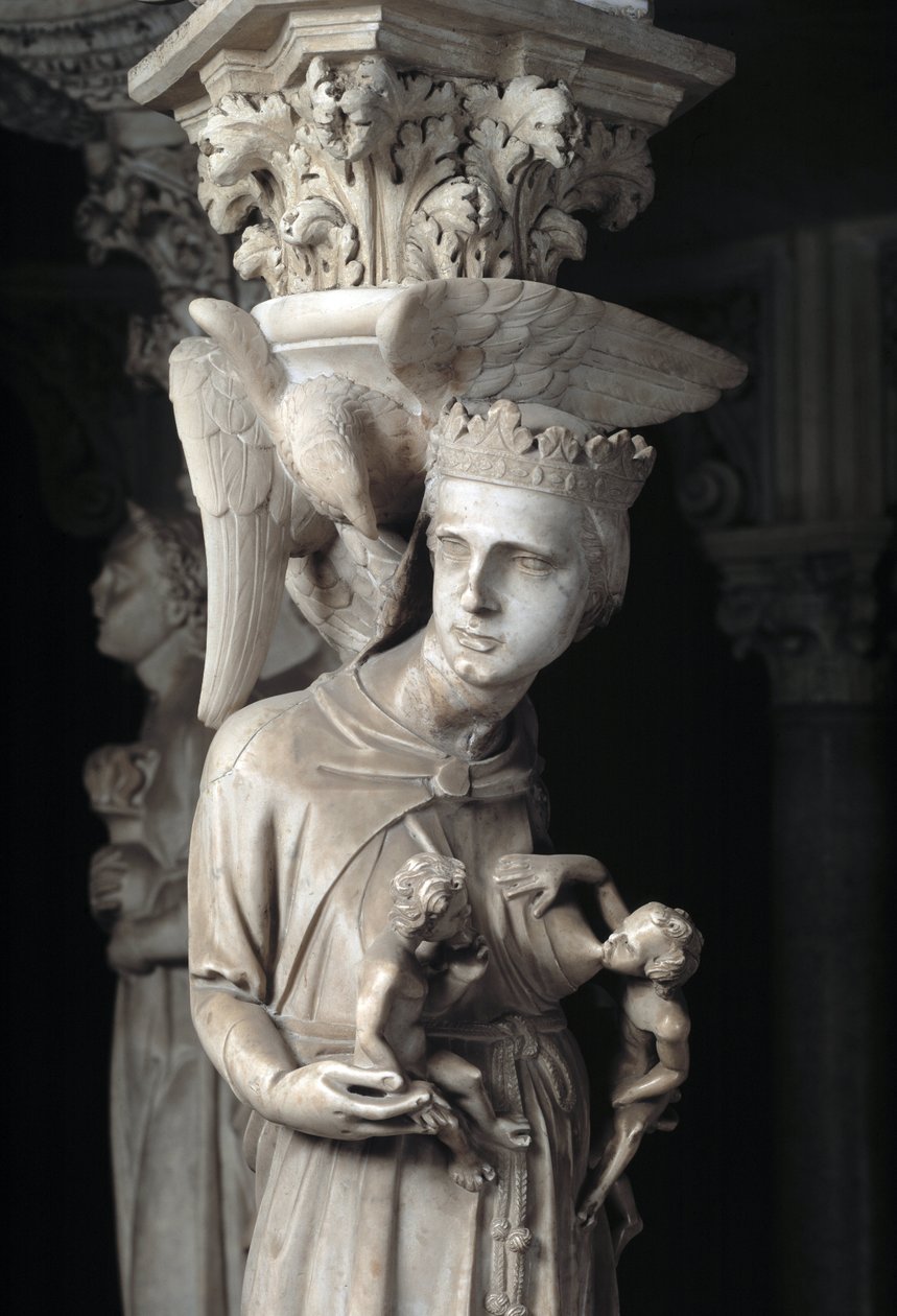 Detail van de gebeeldhouwde groepen die de stoel ondersteunen, gemaakt door Giovanni Pisano: de Kerk voedt haar kinderen (detail) door Giovanni Pisano