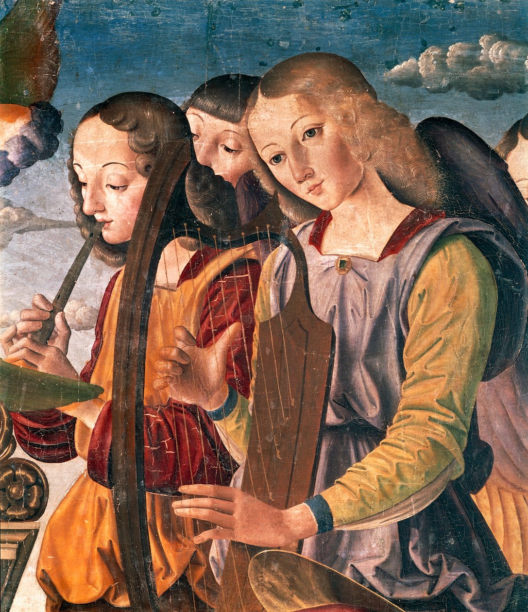 Engelen met instrumenten, detail van Heilige Conversatie met Madonna en Kind op de troon met schenker en heiligen door Giovanni Santi