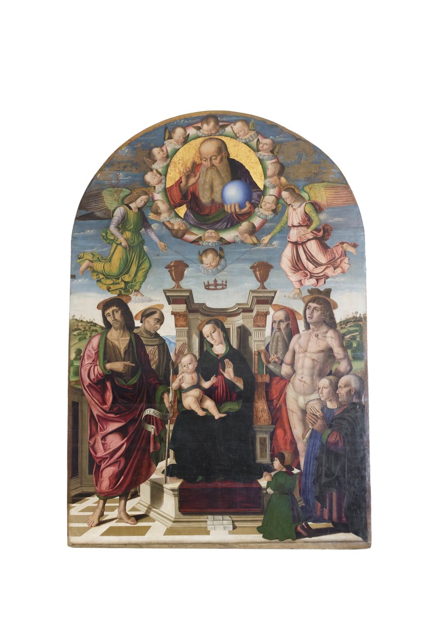 Madonna en kind op de troon met heiligen door Giovanni Santi