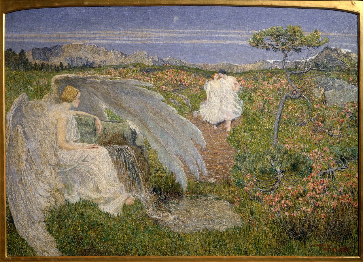 Liefde Bron van Leven: Een engel die een koppel in een droomachtig landschap bekijkt door Giovanni Segantini
