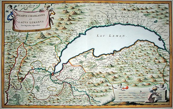 Meer van Genève, uit een tweedelig stadboek van Savoye en Piëmont, gegraveerd door Joannes de Broen door Giovanni Tommaso (after) Borgionio