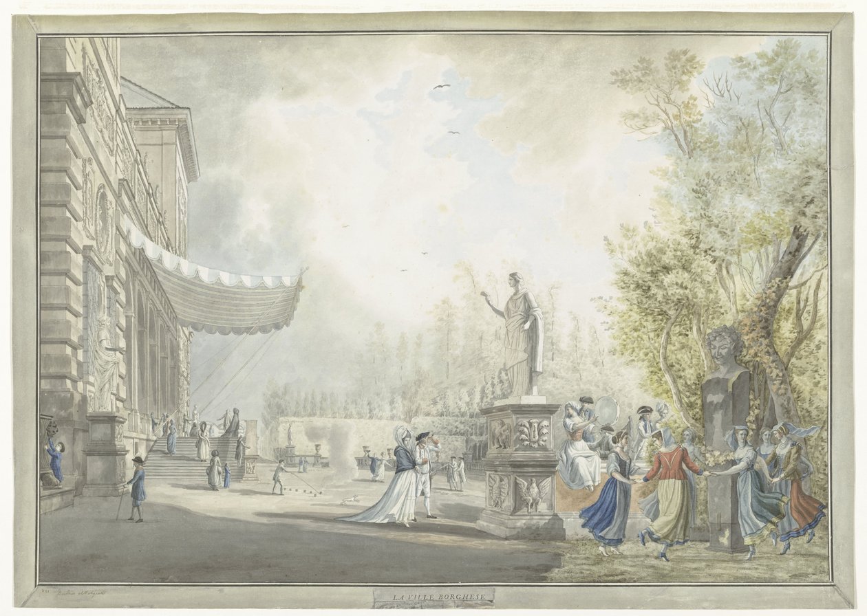Gezicht op de Villa Borghese Pinciana en de Villa Borghese tuinen te Rome door Giovanni Volpato