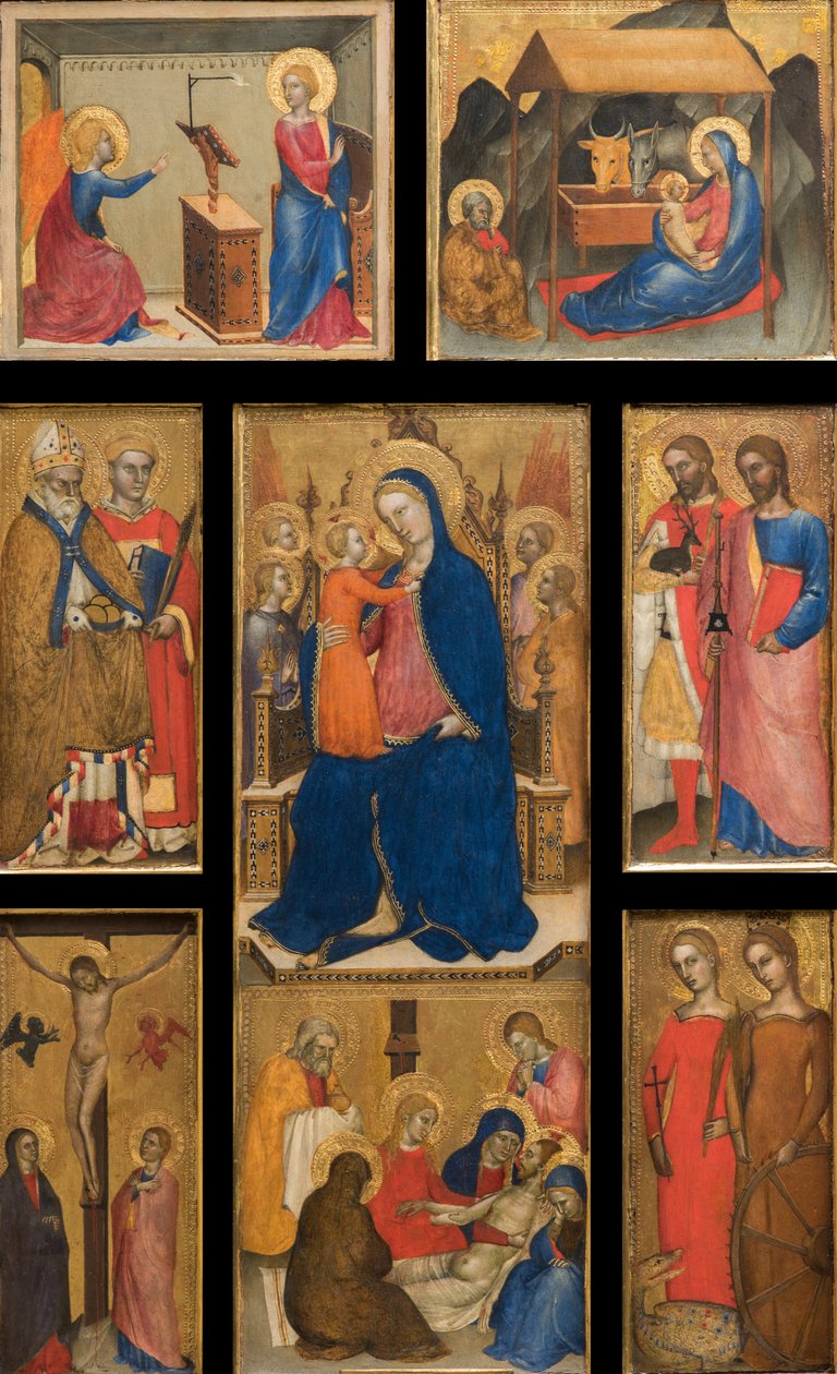 Italiaans:  Polittico con Madonna con Bambino Madonna en kind met heiligen door Giovanni da Milano