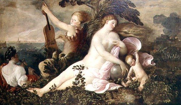 Allegorie van een Venetiaanse overwinning, de centrale figuur van Fortuna of Kans vergezeld door figuren die Natuur en Muziek symboliseren, c.1518 door Giovanni de Busi Cariani
