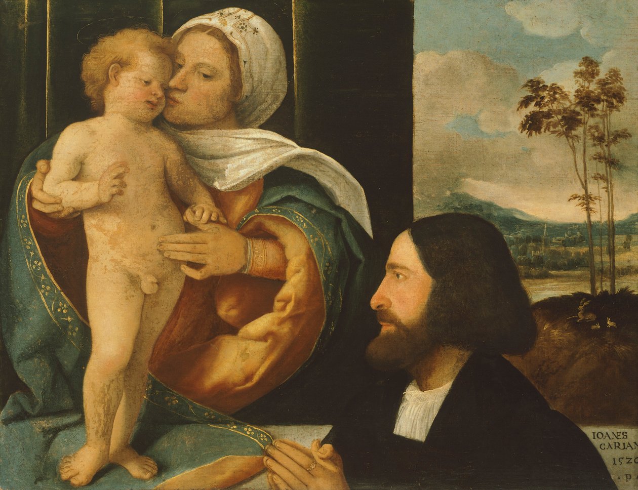 Madonna met kind en toegewijde door Giovanni Cariani door Giovanni de Busi Cariani