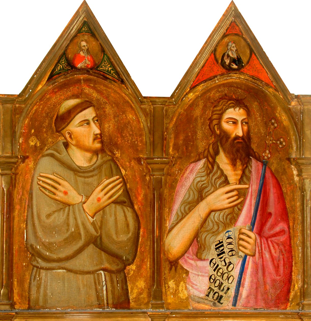 Sint Franciscus en Johannes de Doper (linkerpanelen van drieluik) door Giovanni del (follower of) Biondo