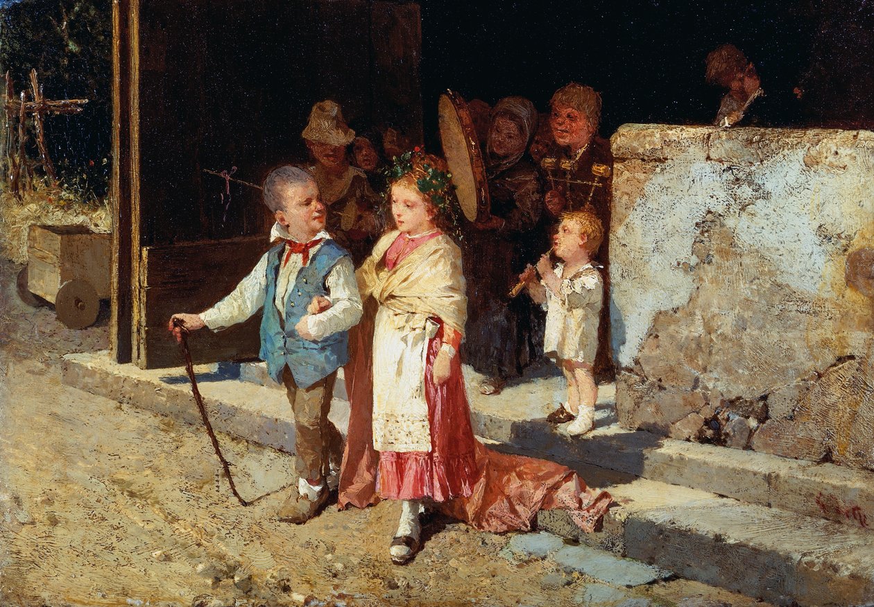 Jong getrouwd stel, door Giovanni Del Re, olieverf op paneel door Giovanni del Re
