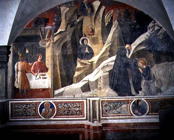 St. Benedictus ontvangt Brood en een Mantel van de Kluizenaar Romano (detail) door Giovanni di Consalvo (attr. to)