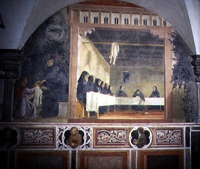 St. Benedictus en het vergiftigde brood, detail uit de fresco-cyclus van het leven van St. Benedictus uit de Chiostro degli Aranci (Klooster van de Sinaasappels) ca. 1430 door Giovanni di Consalvo (attr. to)