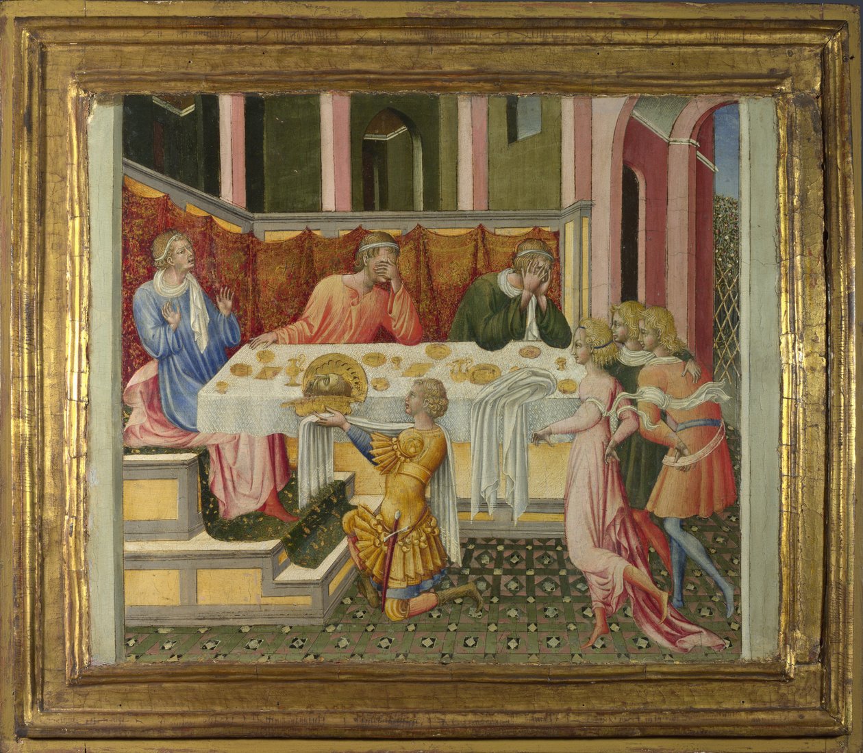 Het hoofd van Johannes de Doper gebracht naar Herodes (predella paneel) door Giovanni di Paolo