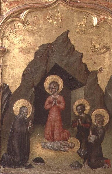 Aanbidding van het Kind door de Maagd, St. Jozef en twee heiligen door Giovanni di Paolo di Grazia