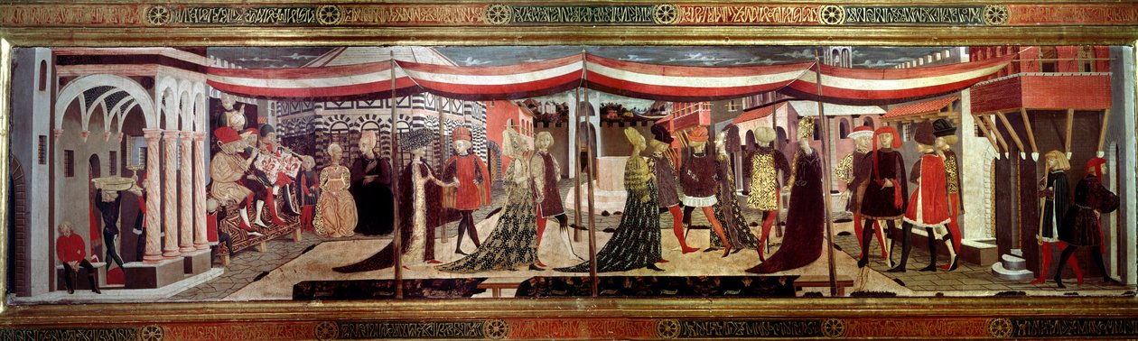 Huwelijksceremonie op het renaissancepaneel dat de Cassone Adimari siert. Huwelijksscène op Piazza del Duomo door Giovanni di Ser Giovanni Scheggia