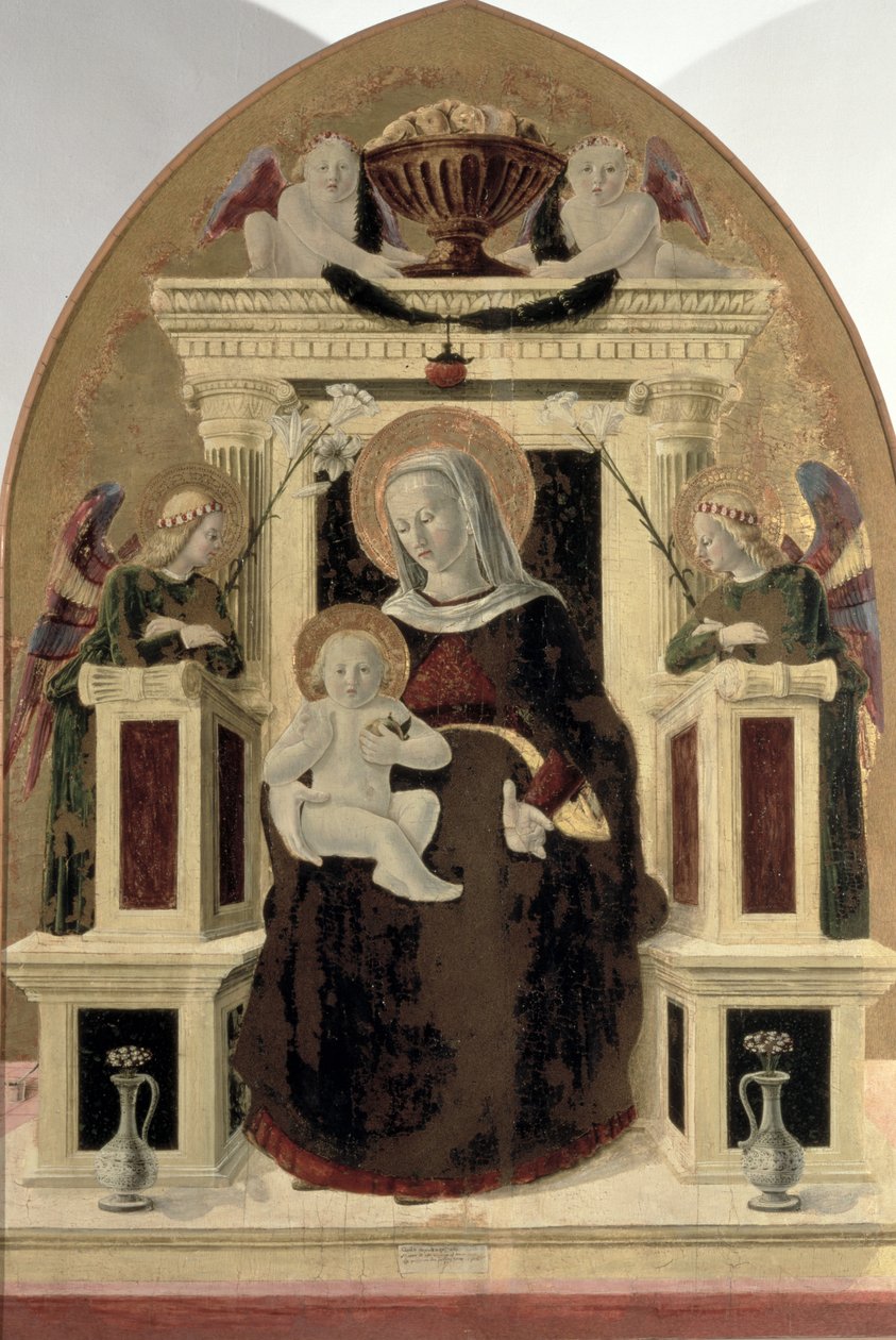 Madonna en Kind op de Troon met Engelen door Girolamo Giovanni