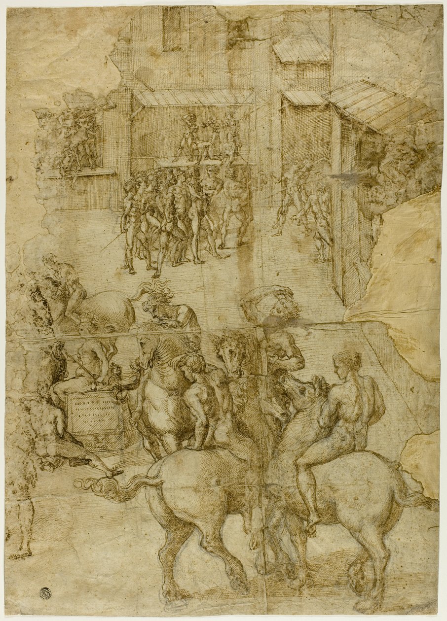 Mythologische optocht (recto); Onleesbare inscripties en anatomische studies van hoofd (verso) door Girolamo Genga