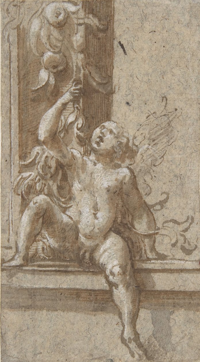 Een Putto Zittend op een Lijst, ca. 1538-40 door Girolamo Mazzola Bedoli