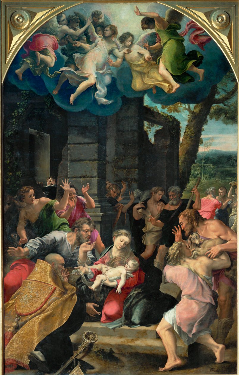 Aanbidding van de herders met Sint Benedictus ... door Girolamo Mazzola Bedoli