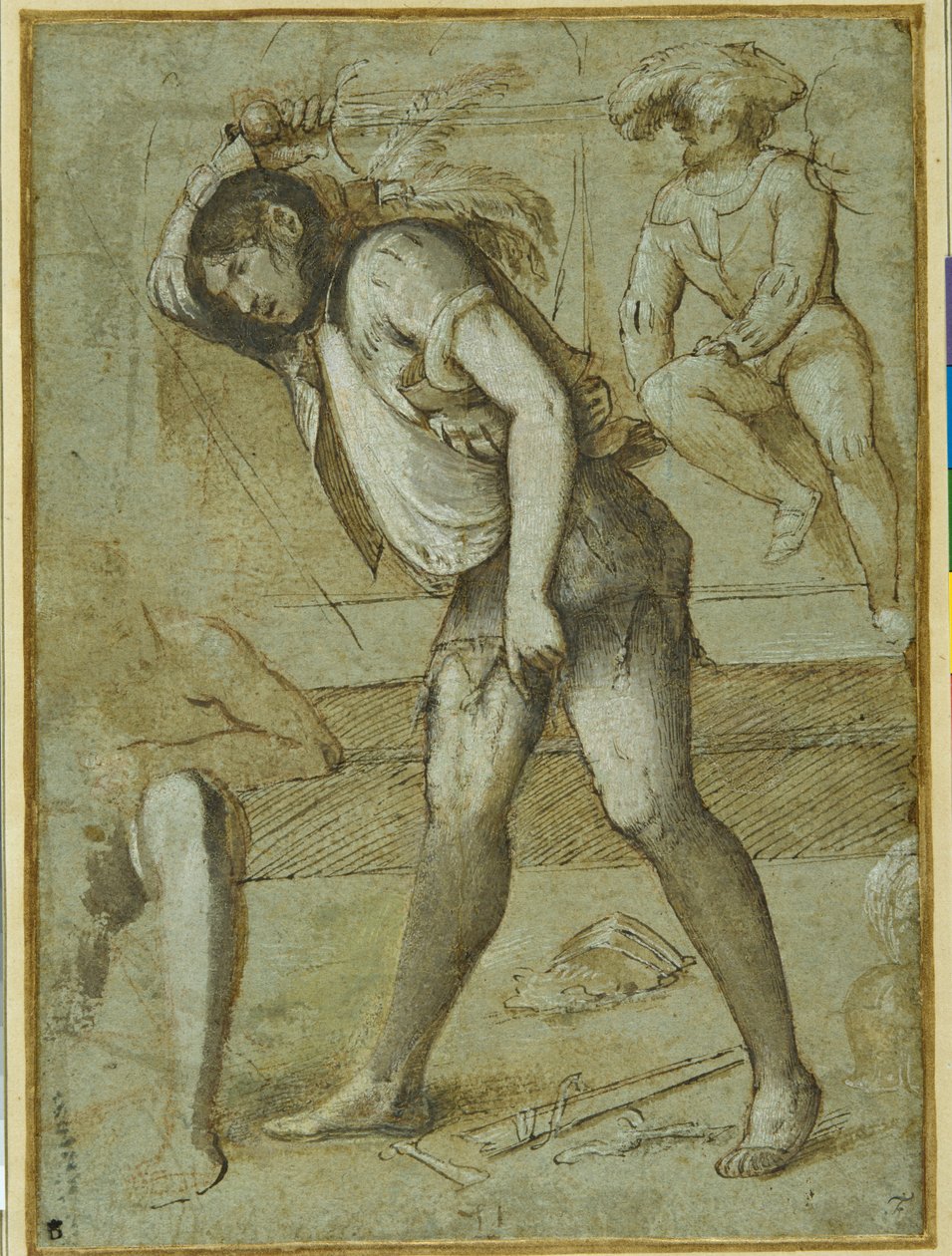 Een beul op het punt een bebaarde heilige te onthoofden door Girolamo Romanino