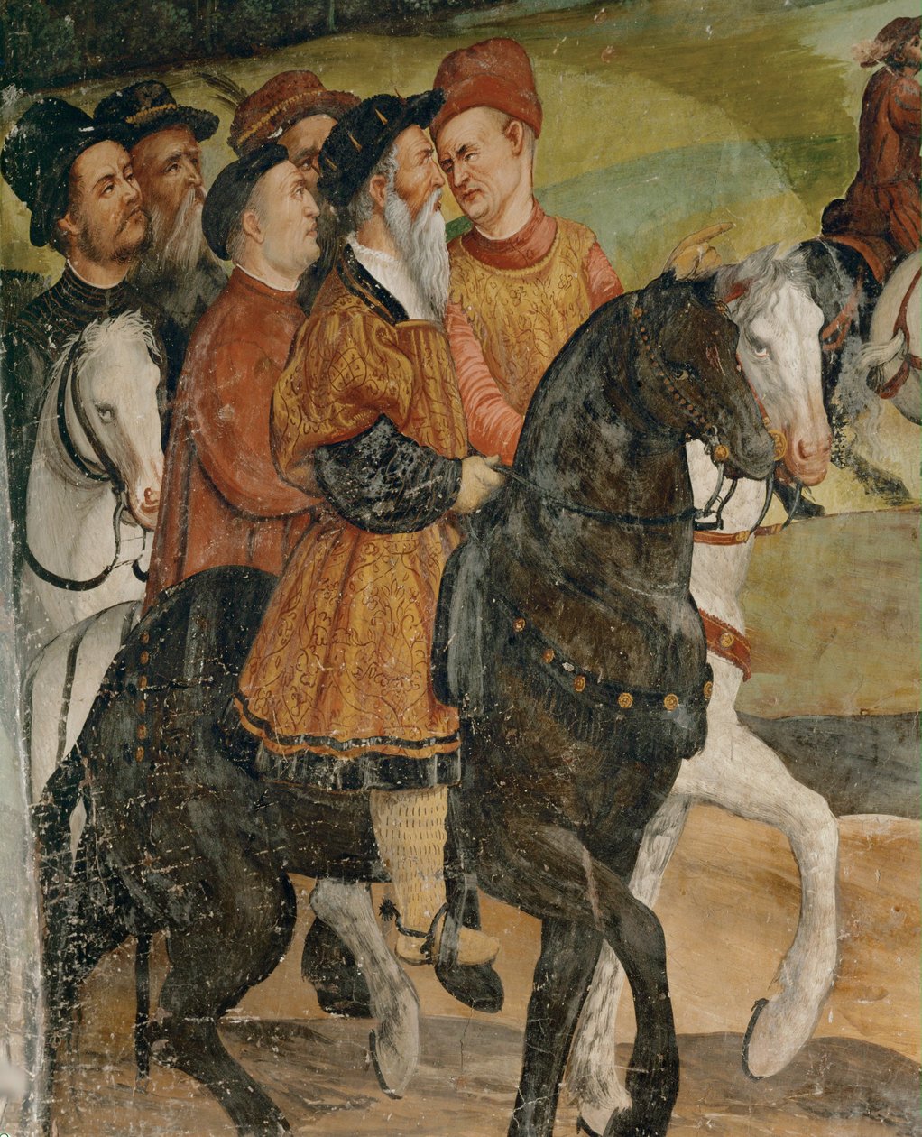 Bezoek van koning Christian van Denemarken aan Malpaga in 1474 (fresco) door Girolamo Romanino