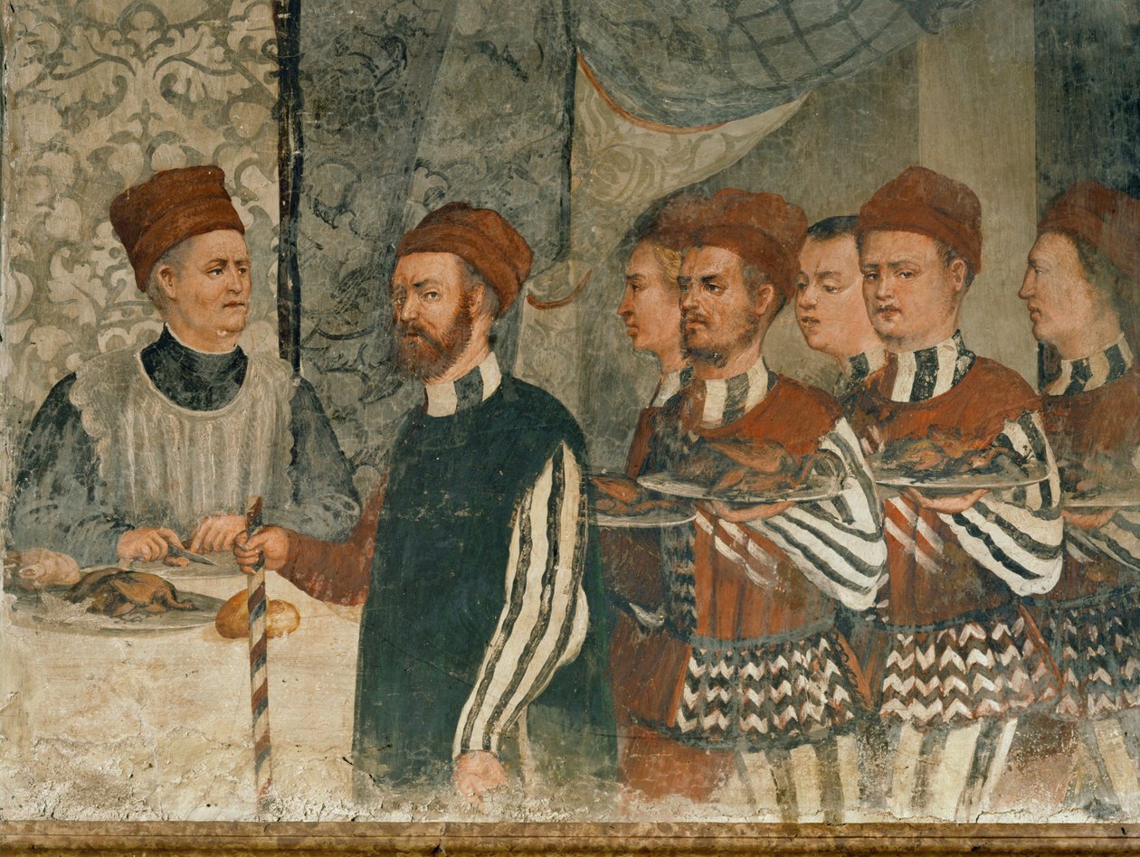 Bezoek van koning Christian van Denemarken aan Malpaga in 1474 (fresco) door Girolamo Romanino