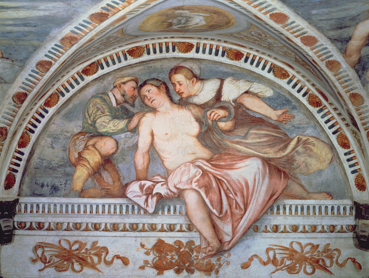 De dood van Cleopatra, lunet, 1531-32 door Girolamo Romanino