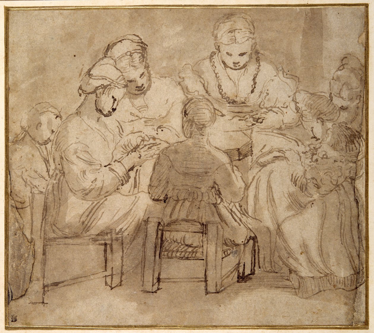 Vrouwen en meisjes zittend rond een tafel aan het naaien door Girolamo Romanino