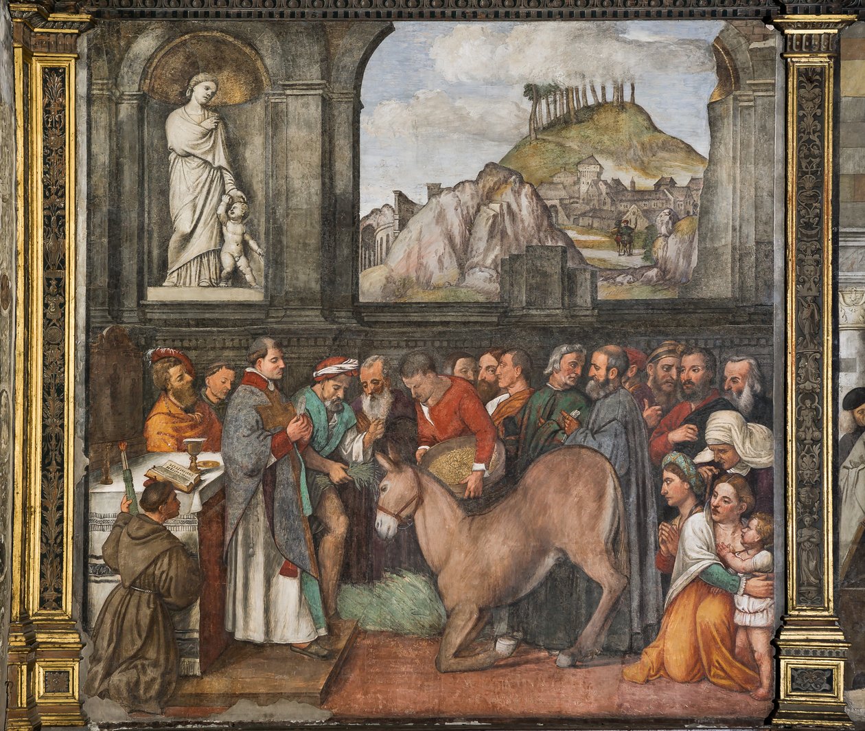 Het wonder van de muilezel, de Noordelijke Muur, School van de Heilige (detail) door Girolamo Tessari