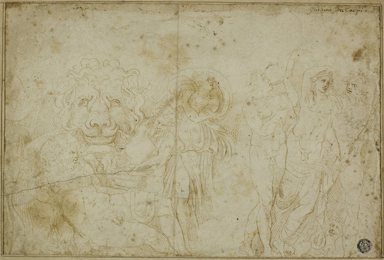 Sarcofaag van paleis Blenheim: Bacchanaal met leeuwenkop door Girolamo da Carpi