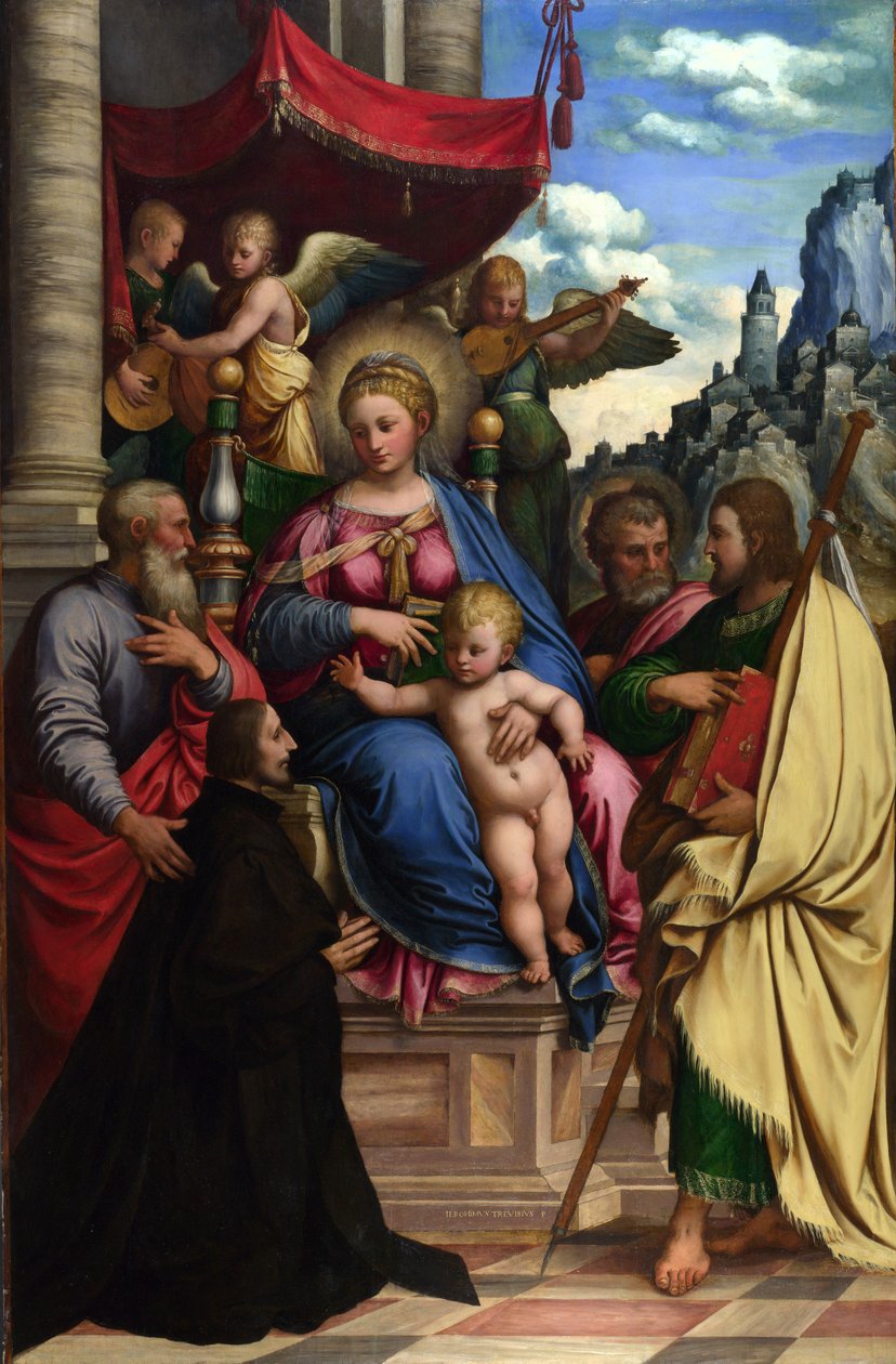 De Madonna met kind en engelen, heiligen en een schenker door Girolamo da Treviso the Younger