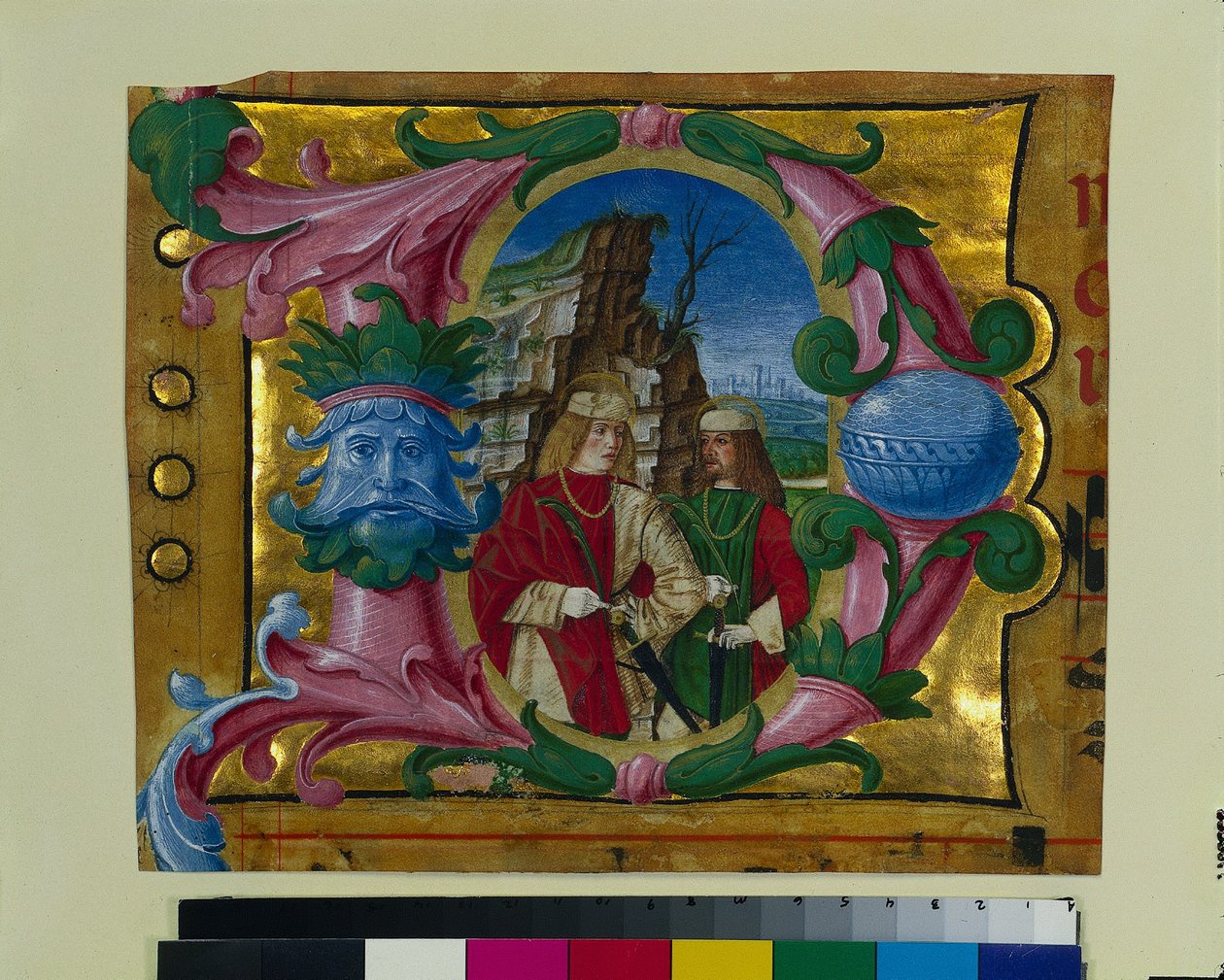 Historische initiaal (D) uit een koorboek: Twee martelaren door Girolamo dai Libri